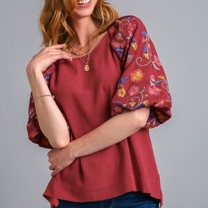 Umgee Embroidered Sleeve Top NWT Boho Balloon Sleeve Blouse Crimson | Size S M L